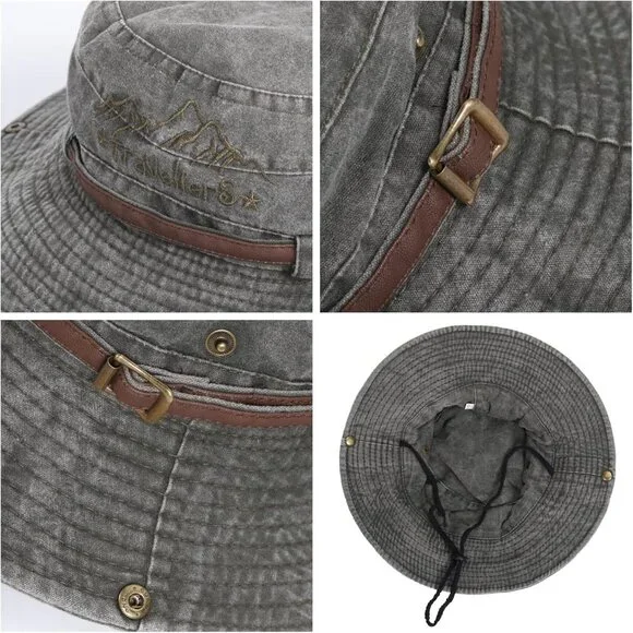 Unisex Dark Grey 100% Cotton Wide Brim Boonie With Chin Strap Classic Bucket Hat - Picture 3 of 6